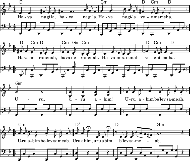 
\header { tagline = ##f }
\layout { indent = 0
  \context { \Score \remove "Bar_number_engraver" }
  \set Score.tempoHideNote = ##t
}

global = { \key g \minor \numericTimeSignature \time 4/4 }

chordNames = \chordmode { \global \set chordChanges = ##t \set midiInstrument = "acoustic guitar (nylon)"
  \repeat volta 2 { d,1\ppp | d, | c,:m | d,4 c,:m d,2 | }
  \repeat volta 2 { d,4. c,8:m d,2 | c,4.:m g,8:m c,2:m | c,1:m | d,4 c,:m d,2 | }
  g1:m | g:m | \repeat volta 2 { g:m | } \repeat volta 2 { c:m | } d:7 | d | g2.:m s4 \bar "|."
}

sopranoVoice = \relative c' { \global \autoBeamOff \set midiInstrument = "clarinet" \tempo 4 = 108
  \repeat volta 2 { d4 d4. fis8 es d | fis4 fis4. a8 g fis |
    g4 g4. bes8 a g | fis4 es16 d es8 \tempo 4 = 114 d2 | }
  \repeat volta 2 { \tempo 4= 120 fis8 fis4 es8-. d-. d-. d4 es8 es4 d8-. c-. c-. c4 |
    c es8. d16 c8 c g'4 | fis es16 d es8 \tempo 4 = 126 d2 | }
  \tempo 4 = 132 g2 g | <g bes,>4 <g bes,> <g d > <g d > |
  \repeat volta 2 { g8 g bes8. a16 g8-. bes-. a-. g-. | }
  \repeat volta 2 { a a c8. bes16 a8-. c-. bes-. a-. | }
  a a \tempo 4 = 54 d4\fermata \tempo 4 = 108 d,8 d \tempo 4 = 54 d'4\fermata |
  \tempo 4 = 108 r8 d, d d bes' ([a g fis]) | g2. r4 \bar "|."
}
left = \relative c { \global \clef bass \set midiInstrument = "vibraphone"
  \repeat volta 2 { d,8 d' a d d, d' a d | d, d' a d d, d' a d |
    c, c' g c c, c' g c | d, d' c, c' d, d' a d | }
  \repeat volta 2 { d, d'4 <c c,>8 d, d' a d | c, c'4 <g' g,>8 c,, c' g c |
    c, c' g c c, c' g c | d, d' c, c' d, d' a d | }
  g, g' d g g, g' d g | g, g' d g g, g' d g |
  \repeat volta 2 { g, g' d g g, g' d g | }
  \repeat volta 2 { c,, c' g c c, c' g c | }
  <d d,>4 r4 <d d,> r | d,8 d' a d d, d' a d | g, g' d g <g g,>4 r \bar "|."
}
verse = \lyricmode {
  Ha -- va na -- gi -- la, ha -- va na -- gi -- la.
  Ha -- va na -- gi -- la ve -- e -- nis -- me -- ḥa.
  Ha -- va ne -- ra -- ne -- nah, ha -- va ne -- ra -- ne -- nah.
  Ha -- va ne -- ra -- ne -- nah ve -- e -- nis -- me -- ḥa.
  U -- ru, u -- ru a -- ḥim!
  U -- ru a -- ḥim be'lev sa -- me -- aḥ.
  U -- ru a -- ḥim be-lev sa -- me -- aḥ.
  Uru a -- ḥim, uru a -- ḥim b' -- lev sa -- me -- aḥ.
}

\score {
  <<
    \new ChordNames \chordNames
    \new Staff \sopranoVoice
    \addlyrics \verse
    \new Staff \left
  >>
  \layout { }
}
\score { \unfoldRepeats { << \chordNames \\ \sopranoVoice \\ \left >> }
  \midi {
    \context { \Score midiChannelMapping = #'instrument }
    \context { \Staff \remove "Staff_performer" }
    \context { \Voice \consists "Staff_performer" }
  }
}
