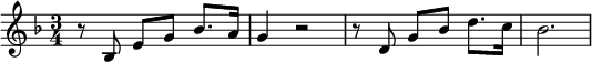 { \key f \major \time 3/4 r8 bes8 e'8 g'8 bes'8. a'16 g'4 r2 r8 d'8 g'8 bes'8 d''8. c''16 bes'2. }