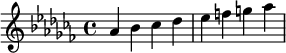  \relative c'' { \clef treble\key as \minor as bes ces des | es f g as  } 