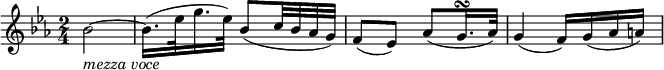 
\relative bes' {
\key es \major \time 2/4
bes2~ _\markup { \italic "mezza voce" } | bes16.( es32 g16. es32) bes8( c32 bes as g)
f8( es) as( g16. \turn as32) | g4( f16) g( as a)
} 