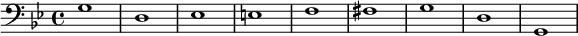 
   {
        \new Staff <<
            \new Voice \relative c' {
                \stemDown \clef bass \key g \minor \time 4/4 \tempo 1 = 60 \set Score.tempoHideNote = ##t
                g1 d es e f fis g d g,
                }
            >>
     }
