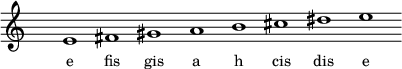 
\relative c'{
\override Staff.TimeSignature #'stencil = ##f
s2 \cadenzaOn s2 e1 fis gis a b cis dis e \cadenzaOff
}
\addlyrics { \small {
e1 fis gis a h cis dis e
} }
