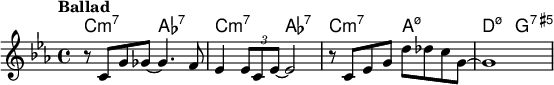 
\relative c' {
<<
\new ChordNames {
\set chordChanges = ##t
\set Staff.midiInstrument = #"acoustic guitar (nylon)"
\chordmode { c2:m7 aes:7 | c2:m7 aes:7 | c:m7 a:m7.5- d:m7.5- g:7.5+}
}
\new Staff { \set Staff.midiInstrument = #"clarinet"
\tempo "Ballad"
\key ees \major
r8 c g' ges~ ges4. f8 | ees4 \times 2/3 { ees8 c ees~ } ees2 | r8 c ees g d' des c g~ | g1
}
>>
}
