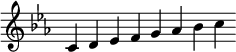 \relative c' { \key c \aeolian \override Score.TimeSignature #'stencil = ##f \cadenzaOn c d es f g as bes c }