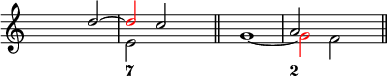 
  \new Staff
<<
\override Staff.TimeSignature.transparent = ##t
\set Score.tempoHideNote = ##t
  \time 3/2
    \tempo 4 = 160
 <<
 \new Voice = "first"
    \relative c''
      { \voiceOne s1 d2 ~ \tweak NoteHead.color #red \tweak Stem.color #red d c s2 \bar "||" s1. a2 s1 \bar "||"
      }
 \new Voice = "second"
    \relative c'
      { \voiceTwo s1. e2 s1 \bar "||" s2 g1 ~ \tweak NoteHead.color #red \tweak Stem.color #red g2 f
      }
 >>
  \new FiguredBass {
    \figuremode { <_>1. <7> <_> <2>
    }
  }
>>
