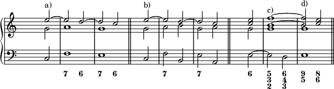 
\new PianoStaff <<
<< % wegen Generalbass
   \new Staff <<
    \set Score.tempoHideNote = ##t
    \tempo 4 = 160
    \override Staff.TimeSignature.transparent = ##t
     <<
     \new Voice = "first"
       \relative c''
         { \voiceOne s2 e^"a)" ~ e d ~ d c \bar "||" s e^"b)" ~ e d ~ d c \bar "||" s2 <c e> <b f'>1^"c)" ~ <b f'>2^"d)" <c e> \bar "||"}
     \new Voice = "second"
       \relative c''
         { \voiceTwo s2 g a1 g s2 g a b g a s2 g g1 g }
     >>

     >>

    \new Staff <<
           \override Staff.TimeSignature.transparent = ##t
              \clef "bass"
              \relative c { s2 c f1 e s2 c f b, e a, s2 e' ~ e2 d e1}
     >>
 >>
  \new FiguredBass {
    \figuremode { <_>1 <7>2 <6> <7> <6> <_>1 <7>2 <_> <7> <_> <_> <6> <5 3 2> <6 4 3> <9 5> <8 6>}
   }

>> % wegen Generalbass
