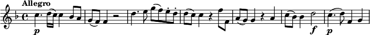 
\relative c'' {
  \key f \major
  \tempo "Allegro"
  c4.\p d16 (c) c4 bes8 a g (f) f4 r2 d'4. e8 g (f) e-. d-. d (c) c4 r f8 f, a (g) g4 r a c8 (bes) bes4 d2\f c4.\p (d8) f,4 g
}
