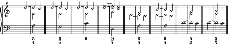 

\new PianoStaff <<
<< % wegen Generalbass
   \new Staff <<
    \set Score.tempoHideNote = ##t
    \tempo 4 = 160
    \override Staff.TimeSignature.transparent = ##t
     <<
     \new Voice = "first"
       \relative c''
         { \voiceOne s2 d ~ d c \bar "||" s2 d ~ d c \bar "||" s2 d ~ d c \bar "||" s2 <f d> ~ <f d> <e c> \bar "||" s1 f,2 s2 \bar "||" s2 b ~ b a \bar "||" s1 g2 s2 \bar "||" s1 a2 s2 \bar "||" }
     \new Voice = "second"
       \relative c'
         { \voiceTwo s1 e2 s2 s1 e2 s2 s1 e2 s2 s1 g2 s2 s2 d ~ d c s2 d ~ d c s1 e2 s2 s1 e2 s2 }
     >>

     >>

    \new Staff <<
           \override Staff.TimeSignature.transparent = ##t
              \clef "bass"
              \relative c' { s1 a2 s2 s1 g2 s2 s1 c2 s2 s1 e,2 s2 s1 a2 s2 s1 a2 s2 s2 d ~ d c s2 d ~ d c }
     >>
 >>
  \new FiguredBass {
    \figuremode { <_>1 <5 4> <_>1 <6 5> <_>1 <9> <_>1 <9 7> <_>1 <6 4> <_>1 <9 4> <_>1 <4 2> <_>1 <5 2> }
   }

>> % wegen Generalbass

