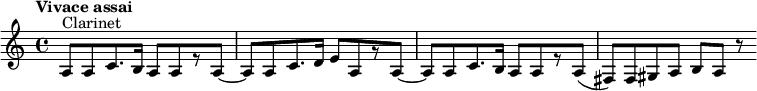 
\relative c'{  \set Staff.midiInstrument = #"clarinet"  \tempo "Vivace assai"  \clef treble a8[^"Clarinet" a8 c8. b16] a8[ a8 r8 a8]~ a8[ a8 c8. d16] e8[ a,8 r8 a8]~ a8[ a8 c8. b16] a8[ a8 r8 a8]( fis8[) fis8 gis8 a8] b8[ a8] r8}
