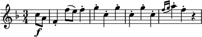  \relative c'' {
   \key f \major \time 3/4
   \partial 4 c8 \f a
   f4-. f'8( e) f4-.
   g4-. c,-. g'-.
   c,4-. g'-. c,-.
   \grace { f16( g } a4-.) f-. r
} 