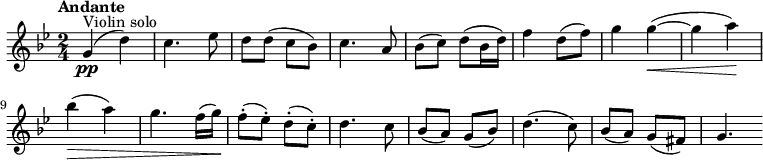  {\new PianoStaff {<<\new Staff \relative c'{\set Staff.midiInstrument=#"violin" \time 2/4 \set Score.tempoHideNote = ##t \tempo "Andante" 4=60 \autoBeamOff \clef treble \key g \minor ^"Violin solo"|\pp g'4( d'4)|c4. ees8|d8[ d8(] c8[ bes8])|c4. a8|bes8([ c8]) d8([ bes16 d16])|f4 d8([ f8])|g4 g4 \< (~|g4 a4 \!)|\> bes4( a4)|g4. f16([ g16]) \!|f8-.([ ees8-.]) d8-.([ c8-.])|d4. c8|bes([ a8]) g8([ bes8])|d4.( c8)|bes([ a8]) g8([ fis8])|g4.}>>}}