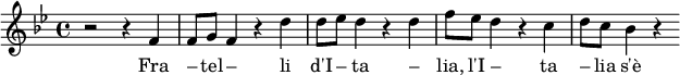 \relative f' { \clef treble \time 4/4 \key bes \major r2 r4 f4 f8 g8 f4 r4 d'4 d8 ees8 d4 r4 d4 f8 ees8 d4 r4 c4 d8 c8 bes4 r4 } \addlyrics { Fra – tel – li d'I – ta – lia, l'I – ta – lia s'è de – sta }