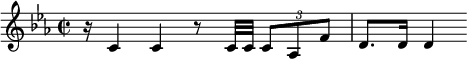 { \clef treble \key es \major \time 2/2 r16 c'4 c'4 r8 c'32 c'32 \times 2/3 {c'8 as f'} d'8. d'16 d'4 }