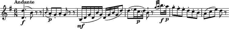 
\relative c'' {
  \version "2.18.2"
  \key g \major
  \time 6/8
  \tempo "Andante"
  \tempo 4 = 80
  <d, d'>4. \f (b'8) r8 r8
  \grace b16 (a8)-. \p g-. a-. g r8 r8
  b,16\mf ([ d g d b' g]) d ( [g b g d'8])
  d8. (e16 c16.\p d32) b8-! r8 \grace {g'32 ([a]} b16.)\f a32\p
  g8-. fis-. e-. d-. c-. b-.
  a (c e) d r8
}
