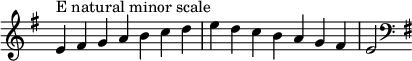  {
\omit Score.TimeSignature \relative c' {
  \key e \minor \time 7/4 e^"E natural minor scale" fis g a b c d e d c b a g fis e2 \clef F \key e \minor
} }
