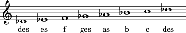 
\relative f'{
\override Staff.TimeSignature #'stencil = ##f
\cadenzaOn des1 es f ges as bes c des \cadenzaOff
}
\addlyrics { \small {
des1 es f ges as b c des
} }
