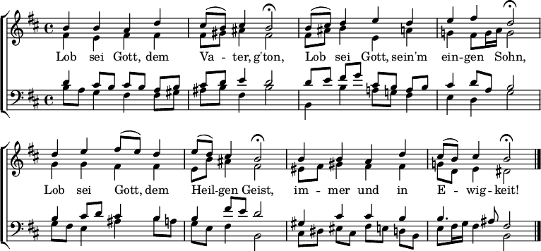 
\header { tagline = ##f }
\layout { indent = 0 \context { \Score \remove "Bar_number_engraver" } }

global = { \key b \minor \time 4/4 }

soprano = \relative c'' { \global \set Staff.midiPanPosition = -0.5 \set midiInstrument = "violin"
  b4 b a d | cis8 (b) cis4 b2\fermata |
  b8 (cis) d4 e d | e fis d2\fermata |
  d4 e fis8 (e) d4 | e8 (d) cis4 b2\fermata |
  b4 b a d | cis8 (b) cis4 b2\fermata \bar "|."
}

alto = \relative c' { \global \set Staff.midiPanPosition = 0.5 \set midiInstrument = "violin"
  fis4 e fis fis | fis8 gis ais4 fis2 |
  fis8 ais b4 e, a | g! fis8 g16 a g2 |
  g4 g fis fis | e8 b' ais4 fis2 |
  eis8 fis gis4 fis fis | g!8 d e4 dis2 \bar "|."
}

tenor = \relative c' { \global \set Staff.midiPanPosition = -1 \set midiInstrument = "cello"
  d4 cis8 [b] cis [b] a b | cis d e4 d2 |
  d8 [e] fis g cis, [b] a b | cis4 d8 a b2 |
  b4 cis8 d cis4 b | b fis'8 e d2 |
  gis,4 cis cis b | b4. ais8 fis2 \bar "|."
}

bass = \relative c { \global \set Staff.midiPanPosition = 1 \set midiInstrument = "contrabass"
  b'8 a g4 fis fis8 gis | ais b fis4 b2 |
  b,4 b' a!8 g! fis4 | e d g2 |
  g8 fis e4 ais b8 a | g e fis4 b,2 |
  cis8 [dis] eis cis fis [e] d b | e fis16 g fis4 b,2 \bar "|."
}

verse = \lyricmode {
  Lob sei Gott, dem Va -- ter, g'ton,
  Lob sei Gott, sein'm ein -- gen Sohn,
  Lob sei Gott, dem Heil -- gen Geist,
  im -- mer und in E -- wig -- keit!
}

\score {
  \new ChoirStaff <<
    \new Staff
    <<
      \new Voice = "soprano" { \voiceOne \soprano }
      \new Voice { \voiceTwo \alto }
    >>
    \new Lyrics \with { \override VerticalAxisGroup #'staff-affinity = #CENTER }
    \lyricsto "soprano" \verse
    \new Staff
    <<
      \clef bass
      \new Voice { \voiceOne \tenor }
      \new Voice { \voiceTwo \bass }
    >>
  >>
  \layout { }
}
\score { \midi { \tempo 4=96
  \context { \Score midiChannelMapping = #'instrument }
  \context { \Staff \remove "Staff_performer" }
  \context { \Voice \consists "Staff_performer" } }
  { << \soprano \\ \alto \\ \tenor \\ \bass >> }
}
