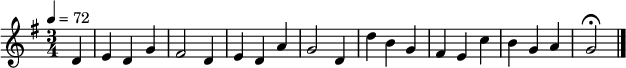 \relative g' { \tempo 4 = 72 \key g \major \time 3/4 \partial 4 d e d g fis2 d4 e d a' g2 d4 d' b g fis e c' b g a g2 \fermata \bar "|." } 