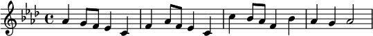  {\key aes \major aes'4 g'8 f'8 ees'4 c'4 f'4 aes'8 f'8 ees'4 c'4 c''4 bes'8 aes'8 f'4 bes'4 aes'4 g'4 aes'2}