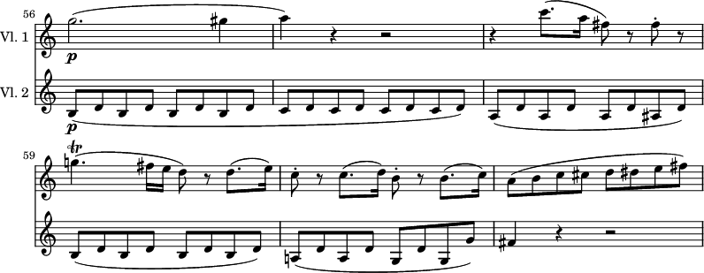 
<<
\new Staff \with { instrumentName = #"Vl. 1 "}  \relative c'' {
    \version "2.18.2"
    \key c \major
    \set Score.tempoHideNote = ##t
    \time 4/4
    \set Staff.midiInstrument = "violin"
    \tempo 4 = 140
    \omit Staff.TimeSignature
    \set Score.currentBarNumber = #56
    \bar "" % enforce bar number at the very beginning
    g'2.\p( gis4 |
    a) r4 r2 |
    r4 c8.( a16 fis8) r8 fis-. r8 |
    g!4.\trill( fis16 e d8) r8 d8.( e16) |
    c8-. r8 c8.( d16) b8-. r8 b8.( c16) |
    a8( b c cis d dis e fis) |
}
\new Staff \with { instrumentName = #"Vl. 2 "} \relative c'' {
    \key c \major
    \time 4/4
    \set Staff.midiInstrument = "violin"
    \omit Staff.TimeSignature
    b,8\p( d b d b d b d |
    c d c d c d c d) |
    a( d a d a d ais d) |
    b( d b d b d b d) |
    a!( d a d g, d' g, g') |
    fis4 r4 r2 |
}
>>
