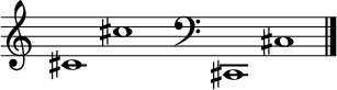 
\new Staff \with
{
  \omit TimeSignature
  fontSize = #2
  \override StaffSymbol.staff-space = #1.25
  \override StaffSymbol.thickness = #1.25
  \override Clef.full-size-change = ##t
  \override BarLine.hair-thickness = #2.4
  \override BarLine.thick-thickness = #7.5
  \override BarLine.kern = #3.75
  \override BarLine.transparent = ##t
}
{
  \time 18/8
  \clef treble
  s8
  cis'1 cis''
  s8
  \grace s8
  \clef bass
  \bar "|"
  s8
  cis,1 cis
  \override Staff.BarLine.transparent = ##f
  \bar "|."
}
