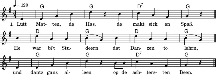 
{
<< \new ChordNames {
  \chordmode {
    \set noChordSymbol = " "
    r4 g,2. g,2. d,2.:7 g,2
    r4 d,2. g,2. d,2. g,2
    r4 g,2. g,2. d,2.:7 g,2
    }
  }
  \new Staff {
  \key g \major \time 3/4 \partial 4 \tempo 4=120
    d'4 d'4 g'4 b'4 d''4 r4 b'4 c''4 a'4 fis'4 g'4 r4  \bar "||" \break
    b'4 d''4 a'4 a'4 b'4( g'4) b'4 d''4 a'4 a'4 b'4( g')  \bar "||" \break
    d'4 d' g'4 b'4 d''4 r4 b'8 b'8 c''4 a'4 fis'4 g'4 r4 \bar "|." \break
  }
  \addlyrics {
  \set stanza = "1. "
    Lütt Mat- ten, de Has, de makt sick en Spaß.
    He wär bi't Stu- deern dat Dan- zen to lehrn,
    und dantz ganz al- leen op de ach- ters- ten Been.
  }
>>
}
