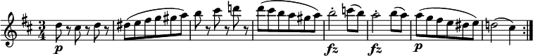 { \relative d'' { \key d \major \time 3/4
d8 \p r cis r d r | dis8( e fis g gis a) | b8 r cis r d! r | d8( cis b a gis a) |
b2-. \fz c8( b) | a2-. \fz b8( a) | a8( \p g fis e dis e) | d!2( cis4) \bar ":|."
}}