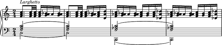 {
  \set Score.tempoHideNote = ##t
  \new PianoStaff <<
    \new Staff { \clef violin \key c \major \time 2/4 \tempo 4 = 40
      <f' a' c''>8. ^\markup{\italic{Larghetto}} <f' a' c''>32 <f' a' c''> <f' a' c''>16 <g' a' bes'> a' <g' a' bes'>
      <f' a' c''>8. <f' a' c''>32 <f' a' c''> <f' a' c''>16 <g' a' bes'> <f' a' c''> <d' a' d''>
      <f' as' c''>16 <g' as' bes'> as' <g' as' bes'> <f' as' c''> <g' bes'> <f' as' c''> <des' as' des''>
      <f' as' c''>16 <g' as' bes'> as' <g' as' bes'> <f' as' c''> <g' bes'> <f' as' c''> <des' as' des''>
    }
    \new Staff { \clef bass \key c \major \time 2/4
      << { \voiceOne
        <f a c'>2(
        <f a c'>2)
        <f as c'>2(
        <f as c'>2)
      }
      \new Voice { \voiceTwo
        c2(
        c2)
        c,2(
        c,2)
      } >> \oneVoice
    }
  >>
}