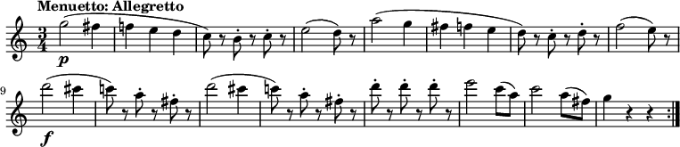 
\relative c'' {
  \version "2.18.2"
    \key c \major
    \time 3/4
    \set Staff.midiInstrument = "string ensemble 1"
    \tempo "Menuetto: Allegretto"
    \tempo 4 = 130
    g'2\p (fis4 f! e d c8)  r8 b8-. r8 c-. r8
   e2 (d8) r8
   a'2 (g4 fis f e d8) r8 c8-. r8 d-. r8
   f2 (e8) r8
   d'2\f (cis4 c!8) r8 a-. r8 fis-. r8
   d'2 (cis4 c!8) r8 a-. r8 fis-. r8
   d'-. r8  d-. r8  d-. r8
   e2 c8 (a)
   c2 a8 (fis)
   g4 r4 r4 \bar ":|."
  }
