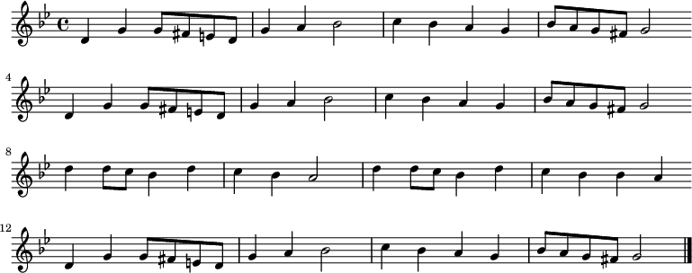 
\new Staff <<
\clef treble \key g \minor {
      \time 4/4 \partial 1    
      \relative g' {
        d4 g g8 fis e d | g4 a bes2 | c4 bes a g | bes8 a g fis g2 \bar"" \break
        d4 g g8 fis e d | g4 a bes2 | c4 bes a g | bes8 a g fis g2 \bar"" \break
        d'4 d8 c bes4 d | c4 bes a2 | d4 d8 c bes4 d | c4 bes bes a \bar"" \break
	d,4 g g8 fis e d | g4 a bes2 | c4 bes a g | bes8 a g fis g2 \bar"|."
      }
    }
%\new Lyrics \lyricmode {
%}
>>
\layout { indent = #0 }
\midi { \tempo 4 = 86 }
