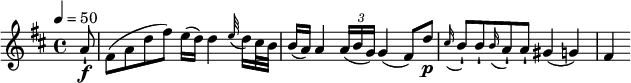 
\relative c' { \set Staff.midiInstrument = #"violin" 
\key d \major
\tempo 4 = 50
\partial 8 a'8-!\f fis8 (a d fis) e16 (d) d4 \appoggiatura e32 d16 cis32 b32 b16 (a) a4 \tuplet 3/2 {a16 (b g)} g4 (fis8) d'\p \appoggiatura cis16 b8-! b8-! \appoggiatura b16 a8-! a-! gis4 (g) fis}
