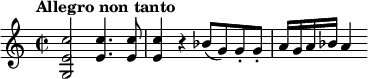 
\relative c'' {
  \key c \major
  \time 2/2
  \tempo "Allegro non tanto"
  <c e, g,>2 <c e,>4. <c e,>8 | <c e,>4 r bes8(g) g-. g-. | a16 g a bes a4
}
