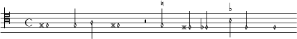 
{
 \new MensuralVoice \with { \remove "Time_signature_engraver" }
 \clef "mensural-c4" 
  gis1  g2 a gis!1 r2 \set suggestAccidentals = ##t g! \set suggestAccidentals = ##f fis fes \set suggestAccidentals = ##tbes f f1  
}
