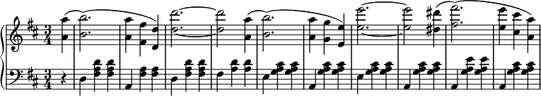 {
  \new PianoStaff <<
   \new Staff {\key b \minor \time 3/4 \set Score.tempoHideNote = ##t \tempo 2. = 52 \relative c' { \partial 4 <a' a'>( <b b'>2.)( <a a'>4 <fis fis'> <d d'>) <d' d'>2.~ <d d'>2 <a a'>4( <b b'>2.)( <a a'>4 <g g'> <e e'>) <e' e'>2.~ <e e'>2 <dis dis'>4( <fis fis'>2.)( <e e'>4 <cis cis'> <a a'>)}}

   \new Staff {\clef bass \key b \minor \time 3/4 \partial 4 \relative c {r4 d4 <fis a d> q a, <fis' a> q d <fis a d> q fis <a d> q e <g a cis> q a, <g' a cis> q e <g a cis> q a, <g' a cis> q a, <g' a e'> q a, <g' a cis> q}}
>>
}