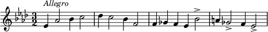 {
  \clef violin \key as \major \time 3/2 \tempo 4 = 120
  \set Score.tempoHideNote = ##t
  es'4 ^\markup{\italic{Allegro}} as'2 bes'4 c''2
  des''4 c''2 bes'4 f'2
  f'4 ges' f' es' bes'2\accent
  a'4 ges'2\accent f'4 es'2\accent
}