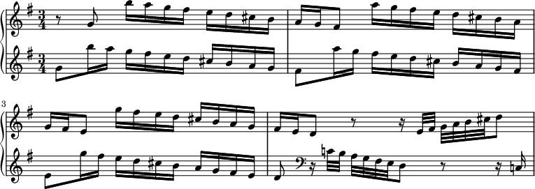 
\new PianoStaff <<
 \new Staff \relative c'' {
  \key g \major \time 3/4
  r8 g b'16 a g fis e d cis b |
  a16 g fis8 a'16 g fis e d cis b a |
  g16 fis e8 g'16 fis e d cis b a g |
  fis16 e d8 r r16 e32 fis g a b cis d8 |
 }
 \new Staff \relative c'' {
  \key g \major
  g8 b'16 a g fis e d cis b a g |
  fis8 a'16 g fis e d cis b a g fis |
  e8 g'16 fis e d cis b a g fis e |
  d8 \clef bass r16 c!32 b a g fis e d8 r r16 c! |
 }
>>
