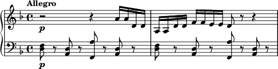 
{ \new PianoStaff <<
\new Staff \relative a' { \set Staff.midiInstrument = #"string ensemble 1" \key d \minor \clef treble \time 4/4 \set Score.tempoHideNote = ##t \tempo "Allegro" 4 = 100
  r2 \p r4 a16 a16 d,16 d16 | % 2
  a16 a16 d16 d16 f16 f16 e16 e16 d8 r8 r4
  }
\new Staff \relative d { \set Staff.midiInstrument = #"string ensemble 1" \key d \minor \clef bass \time 4/4
  <d f>8 \p r8 <a d>8 r8 <f a'>8
  r8 <a d>8 r8 | % 2
  <d f>8 r8 <a d>8 r8 <f a'>8 r8 <a d>8 r8 }
>> }
