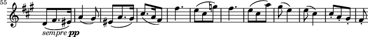 
\relative c' \new Staff \with { \remove "Time_signature_engraver" } {
 \key fis \minor \time 3/8
  \set Staff.midiInstrument = "violin"
  \set Score.tempoHideNote = ##t \tempo 4. = 88
  \set Score.currentBarNumber = #55 \bar ""
  d8_\markup{ \italic sempre \dynamic pp }( fis8. eis16) a4( gis8) eis( a8. gis16) cis8.( a16 fis8)
  fis'4. e8( cis g') fis4. e8( cis a') gis8( e4) e8( cis4) cis8-. a-. gis-. fis-. }
