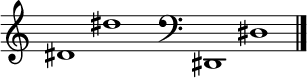 
\new Staff \with
{
  \omit TimeSignature
  fontSize = #2
  \override StaffSymbol.staff-space = #1.25
  \override StaffSymbol.thickness = #1.25
  \override Clef.full-size-change = ##t
  \override BarLine.hair-thickness = #2.4
  \override BarLine.thick-thickness = #7.5
  \override BarLine.kern = #3.75
  \override BarLine.transparent = ##t
}
{
  \time 18/8
  \clef treble
  s8
  dis'1 dis''
  s8
  \grace s8
  \clef bass
  \bar "|"
  s8
  dis,1 dis
  \override Staff.BarLine.transparent = ##f
  \bar "|."
}
