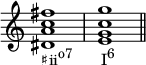 
{
\omit Score.TimeSignature
\relative c' { 
      <dis a' c fis>1_\markup { \concat { "♯ii" \raise #1 \small "o7" \hspace #4 "I" \raise #1 \small "6" } } <e g c g'> \bar "||"
   }
}
