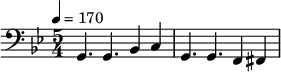  { \clef bass \key g \minor \time 5/4 \relative c { \tempo 4 = 170 g4. g4. bes4 c4 g4. g4. f4 fis4 } } 