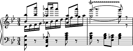 {
  \set Score.tempoHideNote = ##t
  \new PianoStaff <<
    \new Staff { \clef violin \key bes \major \time 3/4 \tempo 4 = 100
      << { \voiceOne
        <bes' bes''>8 <bes'' bes'''> <as'' as'''>16 bes''' as'''8 <as' as''> <as'' as'''>
        \pitchedTrill g'''2(\startTrillSpan as''' g'''8)\stopTrillSpan r
      }
      \new Voice { \voiceTwo
        d'16 es' f' g' as' bes' c'' d'' es'' f'' g'' as''
        g''2( g''8) r
      } >> \oneVoice
    }
    \new Staff { \clef bass \key bes \major \time 3/4
      <g, es bes>8 r <f, c es as> r <f as c' es'> r
      <g bes es'>8 r <g bes d'> <es as c'> <g bes d'>4
    }
  >>
}