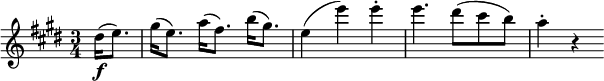  \relative dis'' {
\key e \major \time 3/4
\partial 4 dis16( \f e8.) | gis16( e8.) a16( fis8.) b16( gis8.) | e4( e') e-.
e4. dis8( cis b) | a4-. r
} 