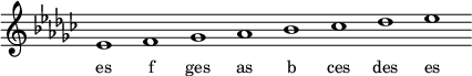 
\relative f'{
\key es \minor
\override Staff.TimeSignature #'stencil = ##f
\cadenzaOn es1 f ges as b ces des es \cadenzaOff
}
\addlyrics { \small {
es f ges as b ces des es
} }
