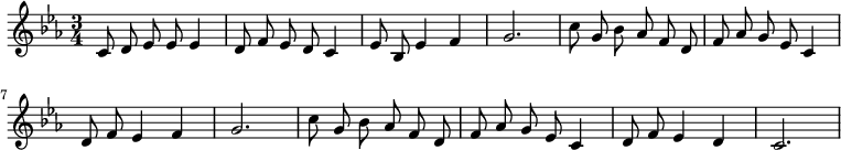 
{
% 0
 \set Score.tempoHideNote = ##t \tempo 4 = 72 \set Staff.midiInstrument = #"flute" 
\numericTimeSignature \time 3/4 \key c \minor \autoBeamOff
 c'8 d'8 ees'8 ees'8 ees'4 d'8 f'8 ees'8 d'8 c'4 ees'8 bes8 ees'4 f'4 g'2.
% 2
c''8 g'8 bes'8 aes'8 f'8 d'8 f'8 aes'8 g'8 ees'8 c'4 d'8 f'8 ees'4 f'4 g'2. c''8 g'8 bes'8 aes'8 f'8 d'8 f'8 aes'8 g'8 ees'8 c'4 d'8 f'8 ees'4 d'4 c'2.
\bar "|"
}
