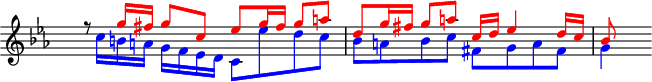 
\version "2.14.2"
\header {
  tagline = ##f
        }
upper = \relative c''' {
  \key c \minor
  \override Staff.TimeSignature.transparent = ##t
  \tempo 4 = 88
       <<
         {
           \voiceOne
           r8 \override NoteHead.color = #red \override Stem.color = #red \override Beam.color = #red \override Accidental.color = #red g16 fis g8 c, es g16 fis g8 a d, g16 fis g8 a c,16 d es4 d16 c bes8
         }
         \new Voice {
           \voiceTwo
           s16 \override NoteHead.color = #blue \override Stem.color = #blue \override Beam.color = #blue \override Accidental.color = #blue c b a g f es d c8 es' d c bes a bes c fis, g a fis g4
         }
       >>
                }
\score {
    \new Staff = "upper" \upper
  \layout {
    \context {
      \Score
      \remove "Metronome_mark_engraver"
    }
  }
  \midi { }
}
