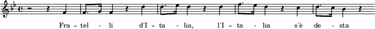 \new Staff \with { \magnifyStaff #5/7 } \relative f' { \clef treble \set Score.tempoHideNote = ##t \time 4/4 \tempo 4 = 120 \key bes \major r2 r4 f4 f8. g16 f4 r4 d'4 d8. ees16 d4 r4 d4 f8. ees16 d4 r4 c4 d8. c16 bes4 r4 } \addlyrics { \override LyricText.font-size = #-1 Fra -- tel - li d'I -- ta - lia, l'I -- ta - lia s'è de - sta } \layout { \context { \Score \override SpacingSpanner.base-shortest-duration = #(ly:make-moment 1/64) } }