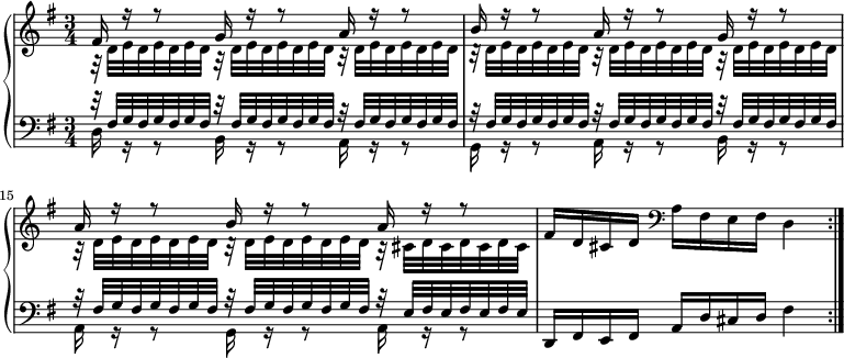 
\new PianoStaff <<
 \new Staff <<
  \new Voice \relative c' {
   \key g \major \time 3/4 \voiceOne
   \set Score.currentBarNumber = 13
   fis16 r r8 g16 r r8 a16 r r8 |
   b16 r r8 a16 r r8 g16 r r8 |
   a16 r r8 b16 r r8 a16 r r8 |
   \oneVoice fis16 d cis d \clef bass a fis e fis d4 | \bar ":|."
  }
  \new Voice \relative c' {
   \voiceTwo
   \repeat unfold 8 { r32 d e d e d e d } r cis d cis d cis d cis |
  }
 >>
 \new Staff <<
  \new Voice \relative c {
   \key g \major \clef bass \voiceOne
   \repeat unfold 8 { r32 fis g fis g fis g fis } r e fis e fis e fis e |
  }
  \new Voice \relative c {
   \voiceTwo
   d16 r r8 b16 r r8 a16 r r8 |
   g16 r r8 a16 r r8 b16 r r8 |
   a16 r r8 g16 r r8 a16 r r8 |
   \oneVoice d,16 fis e fis a d cis d fis4 |
  }
 >>
>>
