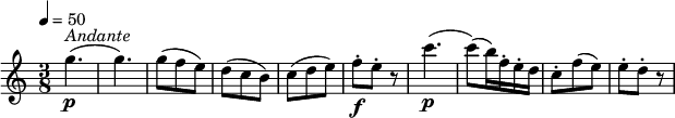 
\relative c'' {
  \version "2.18.2"
  \key c \major
  \numericTimeSignature
  \time 3/8
  \tempo 4 = 50
    g'4.\p^\markup {\italic Andante } (g4.)
    g8 (f e)  d (c b) c (d e)
    f-.\f e-. r8
    c'4.\p (c8) (b16) f-. e-. d
    c8-. f (e) e-. d-. r8
  }
