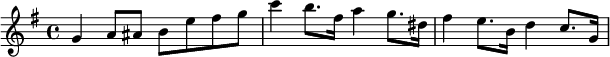 { \key g \major \time 4/4 g'4 a'8 ais'8 b'8 e''8 fis''8 g''8 c'''4 b''8. fis''16 a''4 g''8. dis''16 fis''4 e''8. b'16 d''4 c''8. g'16 }